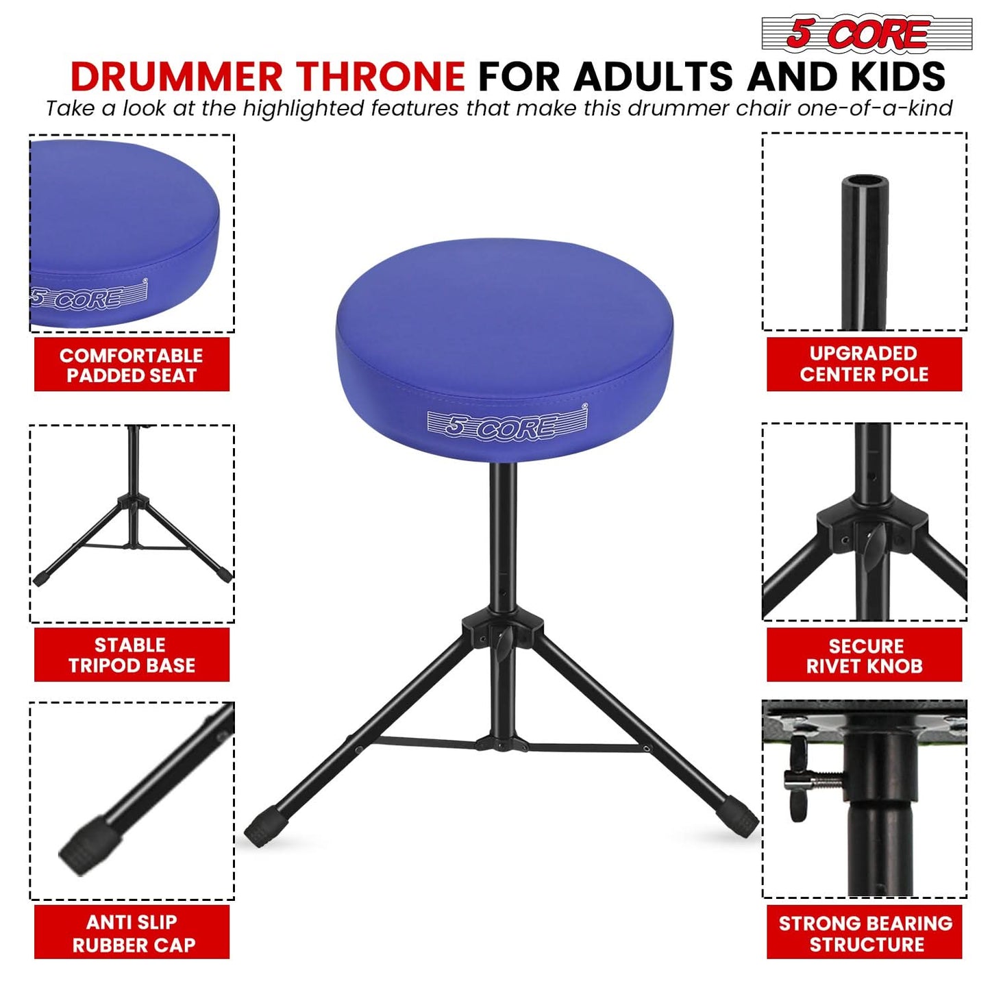 5 Core Drum Throne 3" Thick Padded Comfortable Guitar Stool Drummer Chair Adjustable Musician Seat