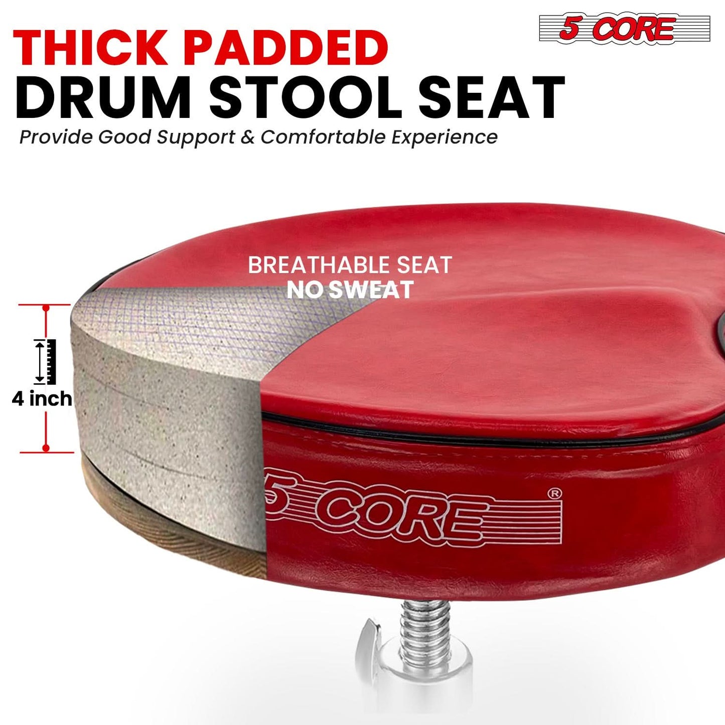 5 Core Drum Throne 4" Padded Guitar Stool Drummer Chair Adjustable Musician Seat