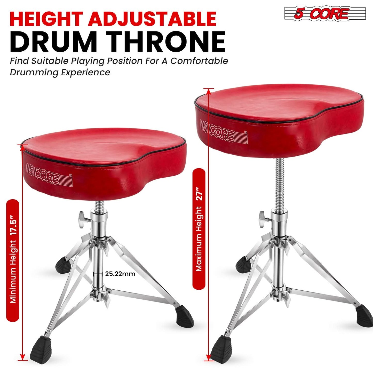 5 Core Drum Throne 4" Padded Guitar Stool Drummer Chair Adjustable Musician Seat